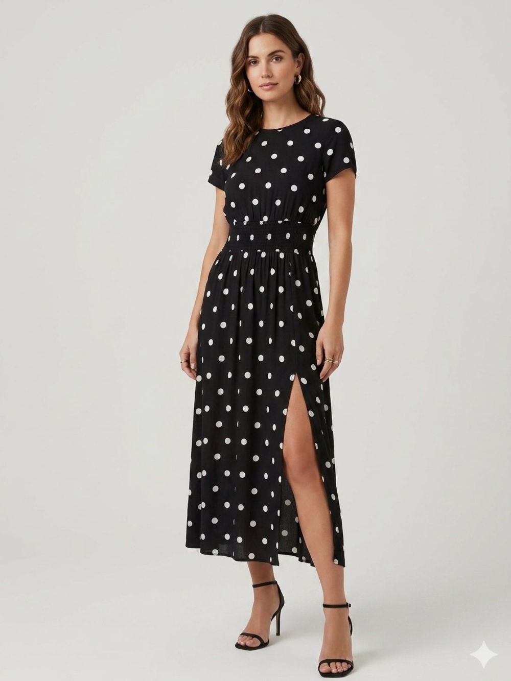 Aritzia Wilfred Sz S Black Polka Dots Ruched Waist Feminine Midi Dress